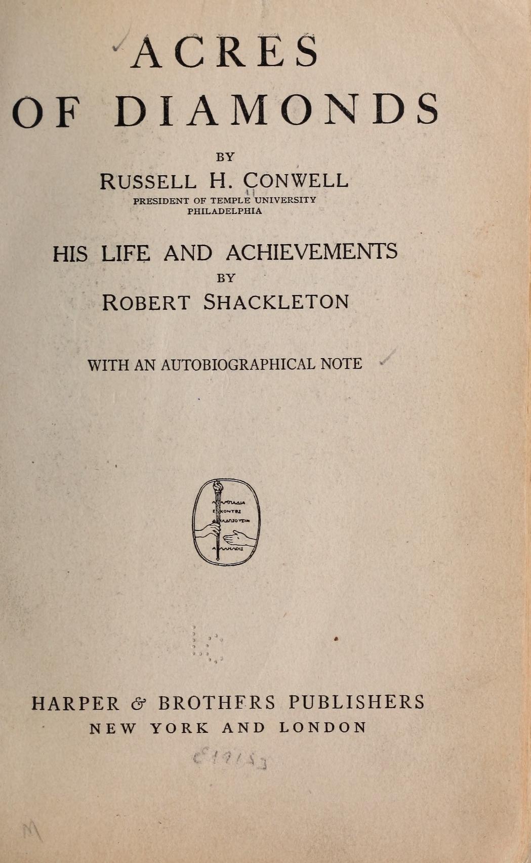 Acres of Diamonds와 Russell H. Conwell, Robert Shackleton의 이름이 인쇄된 1915년 판본 표제면
