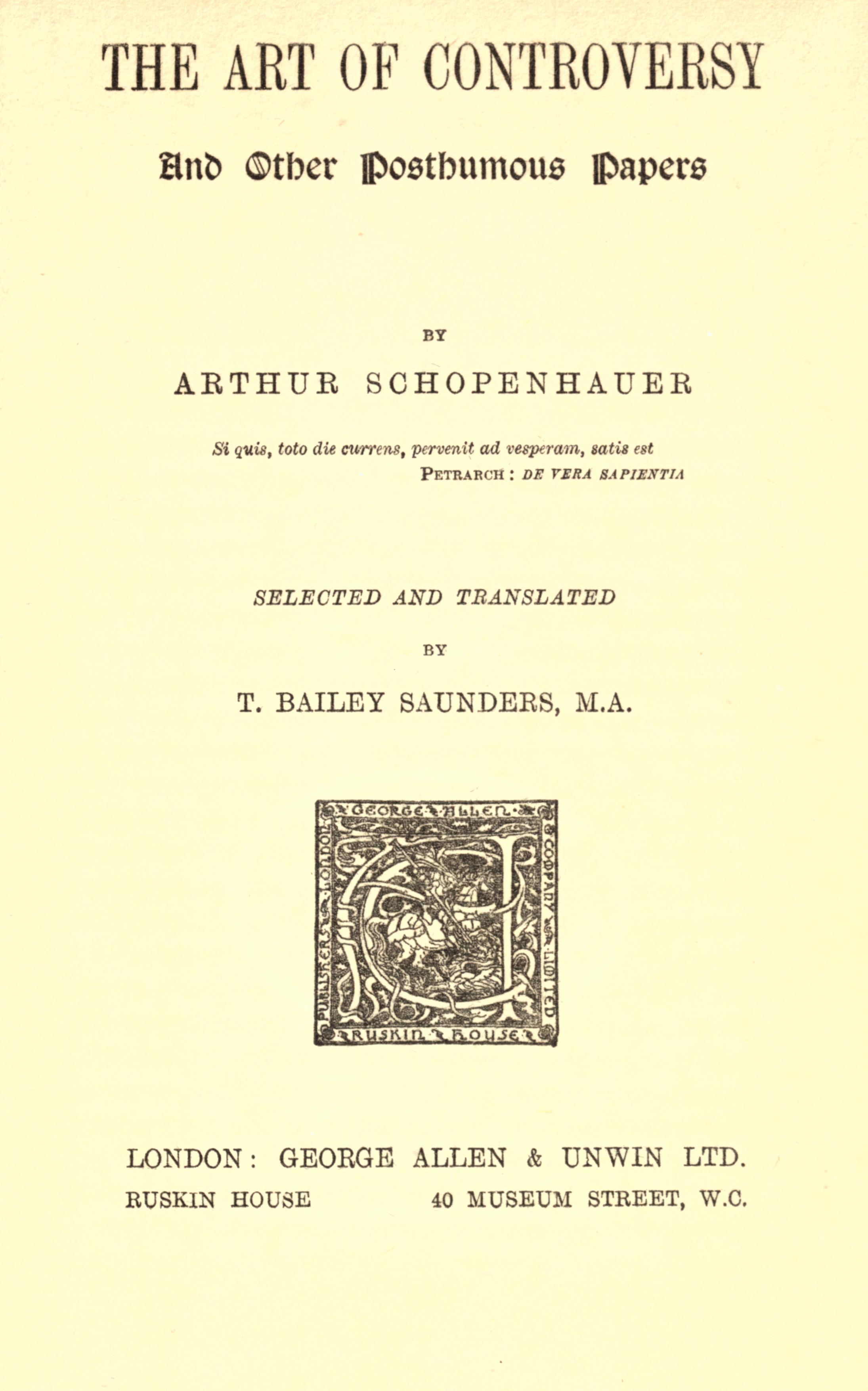 The Art of Controversy, Arthur Schopenhauer, T. Bailey Saunders라고 인쇄된 1896년 영어판 표제면