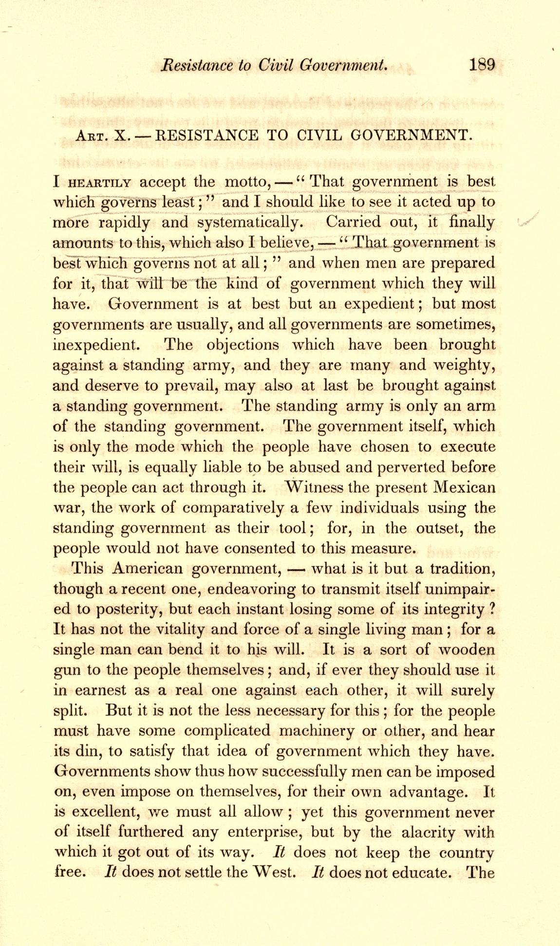 Resistance to Civil Government라는 제목과 첫 문단이 인쇄된 1849년 미학 논문집 189쪽
