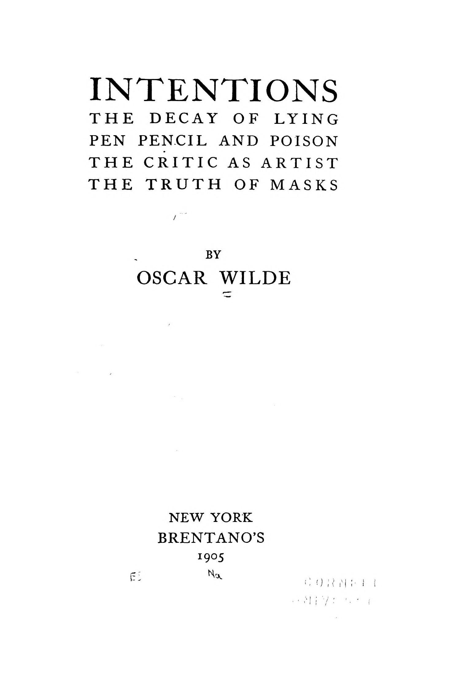 Intentions와 The Decay of Lying, Oscar Wilde라는 글자가 인쇄된 1905년 판본 표제면