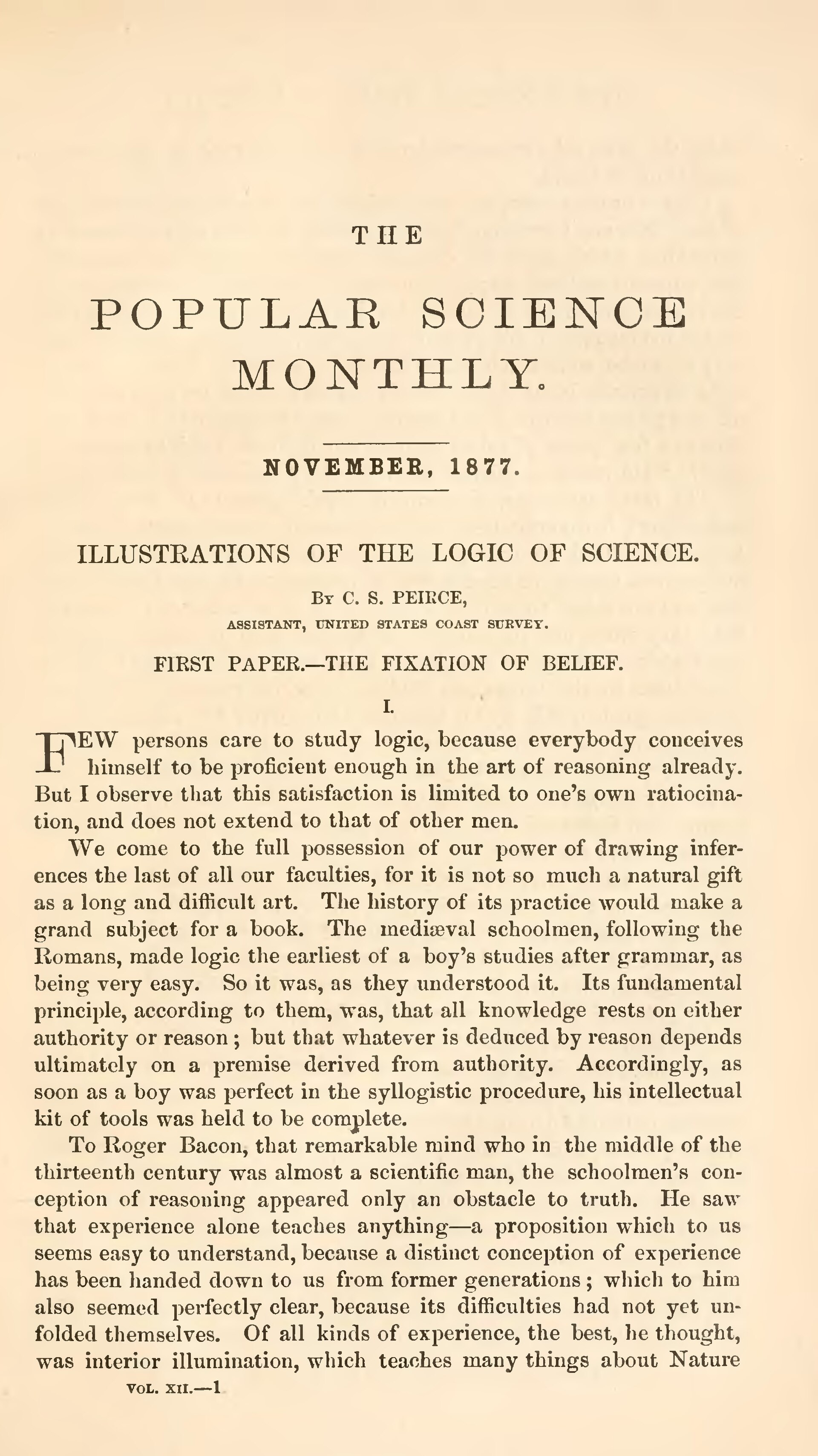 Popular Science Monthly 1877년 11월호 1쪽, The Fixation of Belief 논문이 시작되는 지면