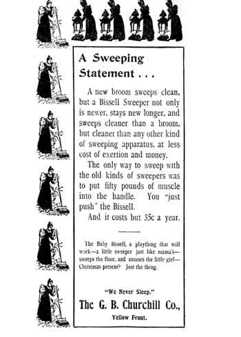 비셀 카펫 청소기를 사용하는 여성의 작은 그림과 A Sweeping Statement라는 제목이 반복 배치된 1895년 신문 광고